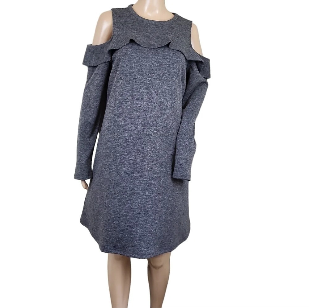 Ann Taylor Loft Heathered Gray Cold Shoulder Ruffle Trim A-Line Knit Dress